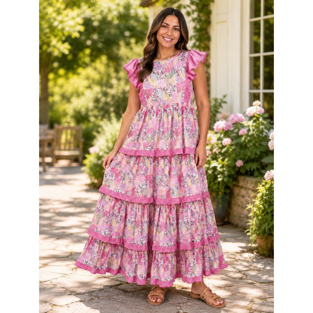 Simply Southern Hailey Floral Midi Dress Women's Size L Tiered Boho Chic NEW